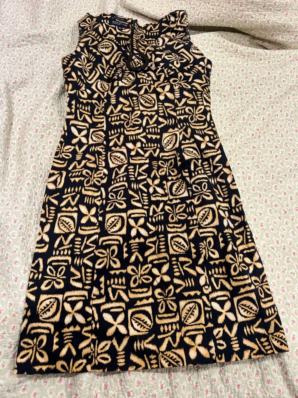 Jones New York Black and Beige Patterned Midi Dress